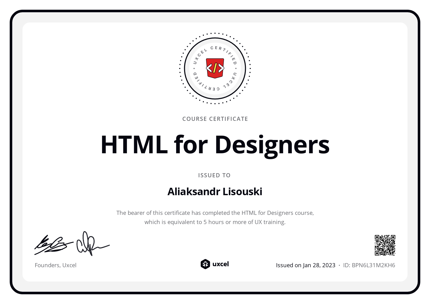Aliaksandr Lisouski's certificate